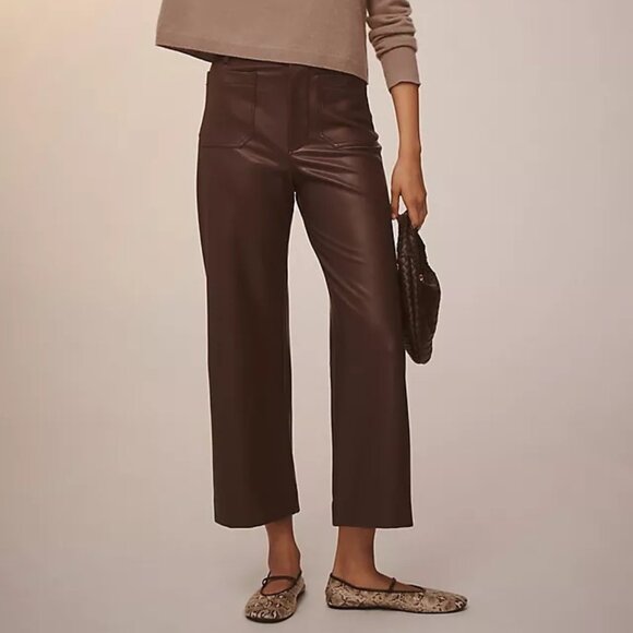 Anthropologie Maeve Colette Cropped Wide-Leg Faux Leather Pants Brown Size 27 - Picture 1 of 9